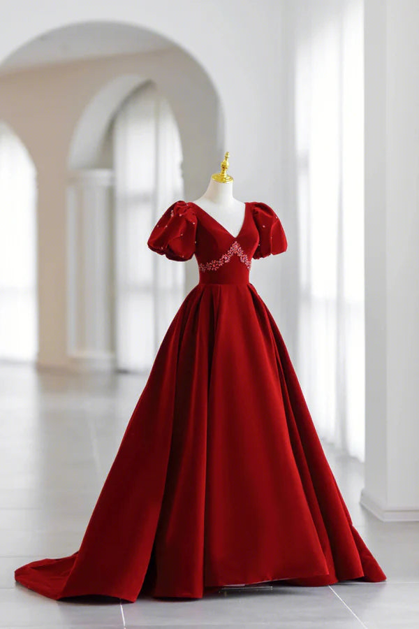 Wholesale Burgundy V-Neck Velvet Long Formal Dress A-Line Short Sleeve Evening Dress